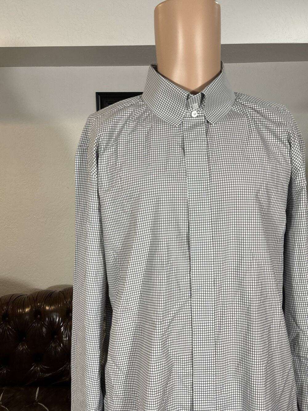 Tom Ford Windowpane Tab Collared Dress Shirt 17 3/4 45 Hidden Button Placket XL